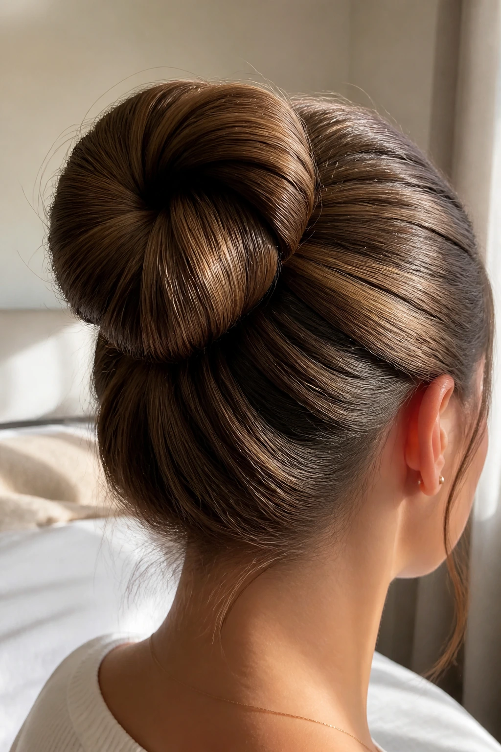 Close-up of a real woman's twisted donut bun in bright light