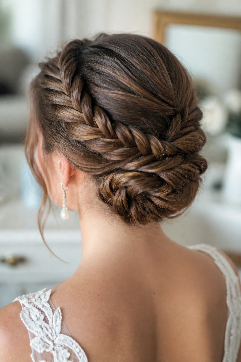 Close-up of a real woman wearing a twisted fishtail chignon hairstyle
