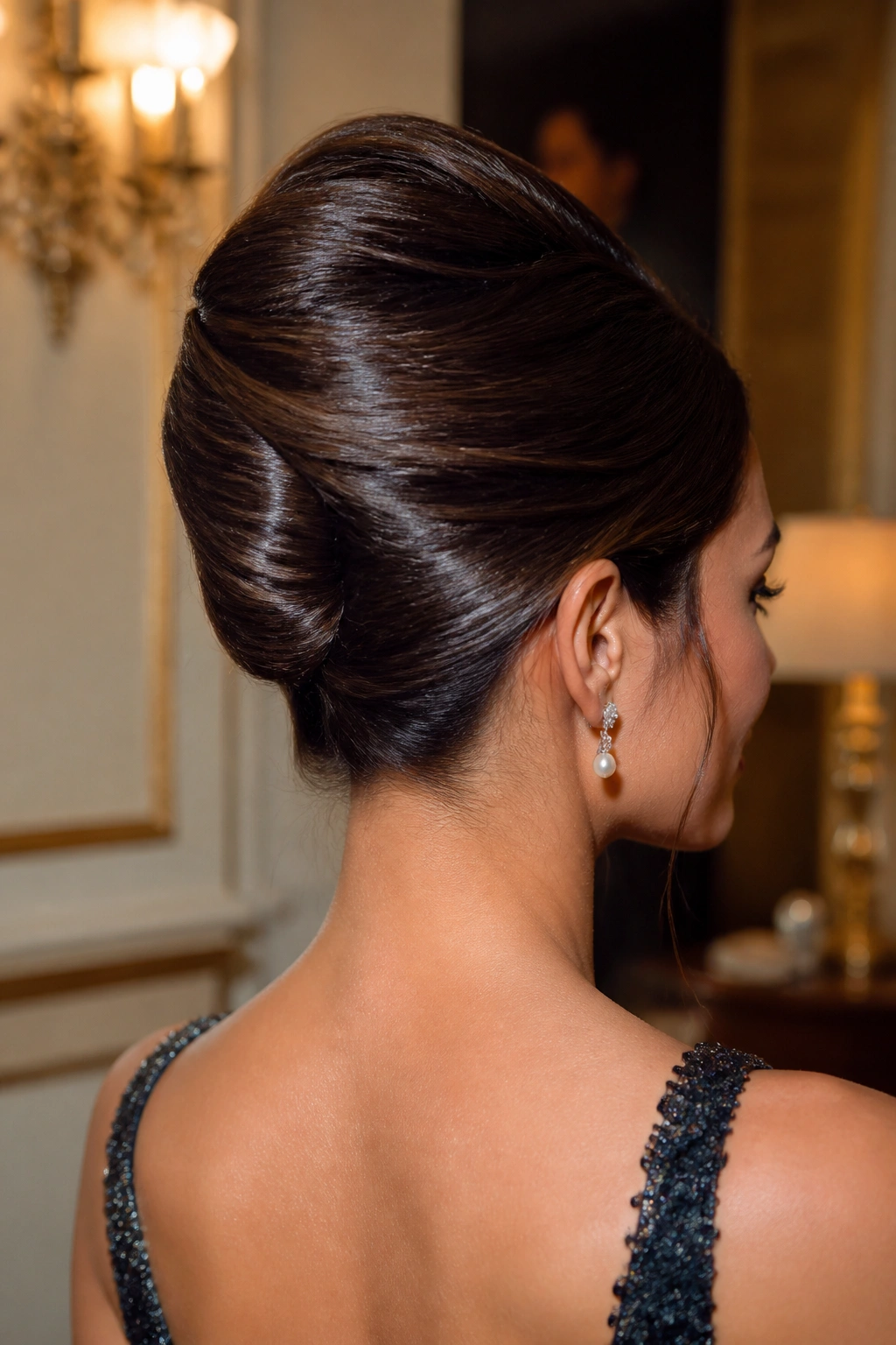Close-up of a real woman with twisted French roll hairstyle