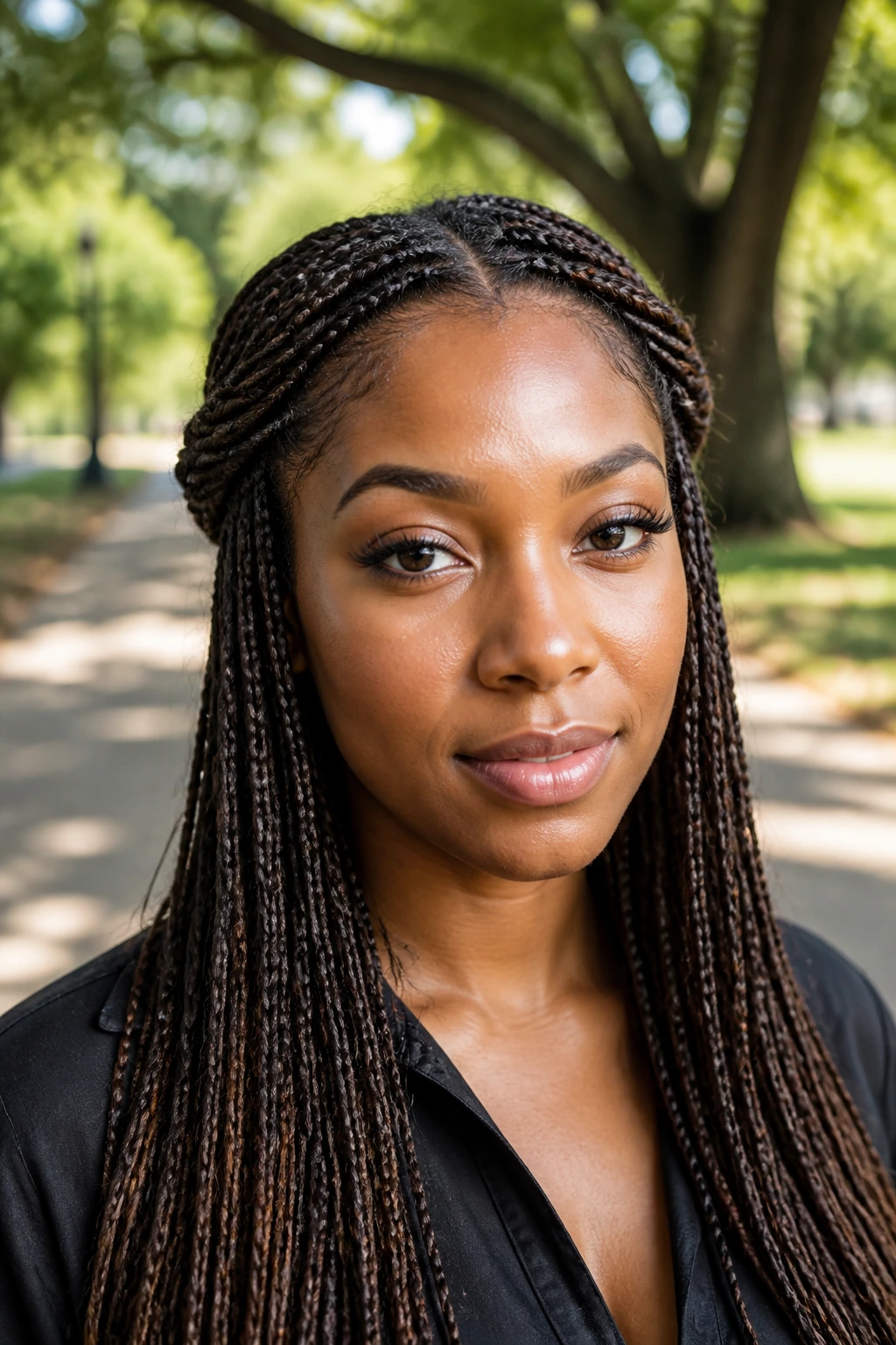 Close-up of a real woman with twisted front micro braids framing her face