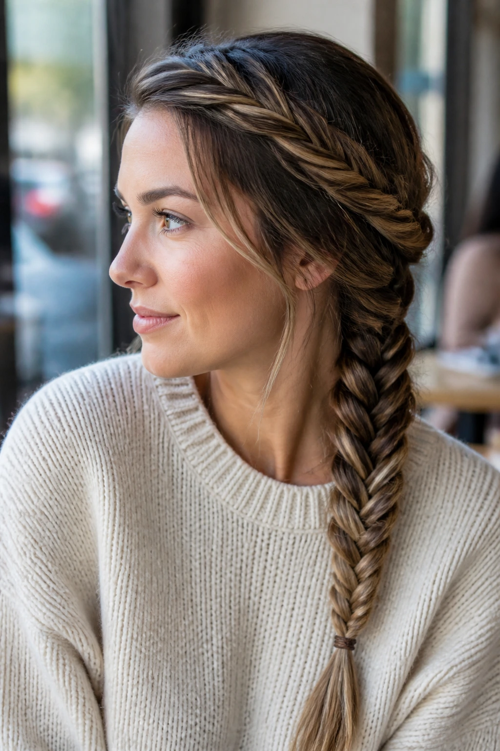 Close-up of a real woman with twisted front sections flowing into a fishtail braid