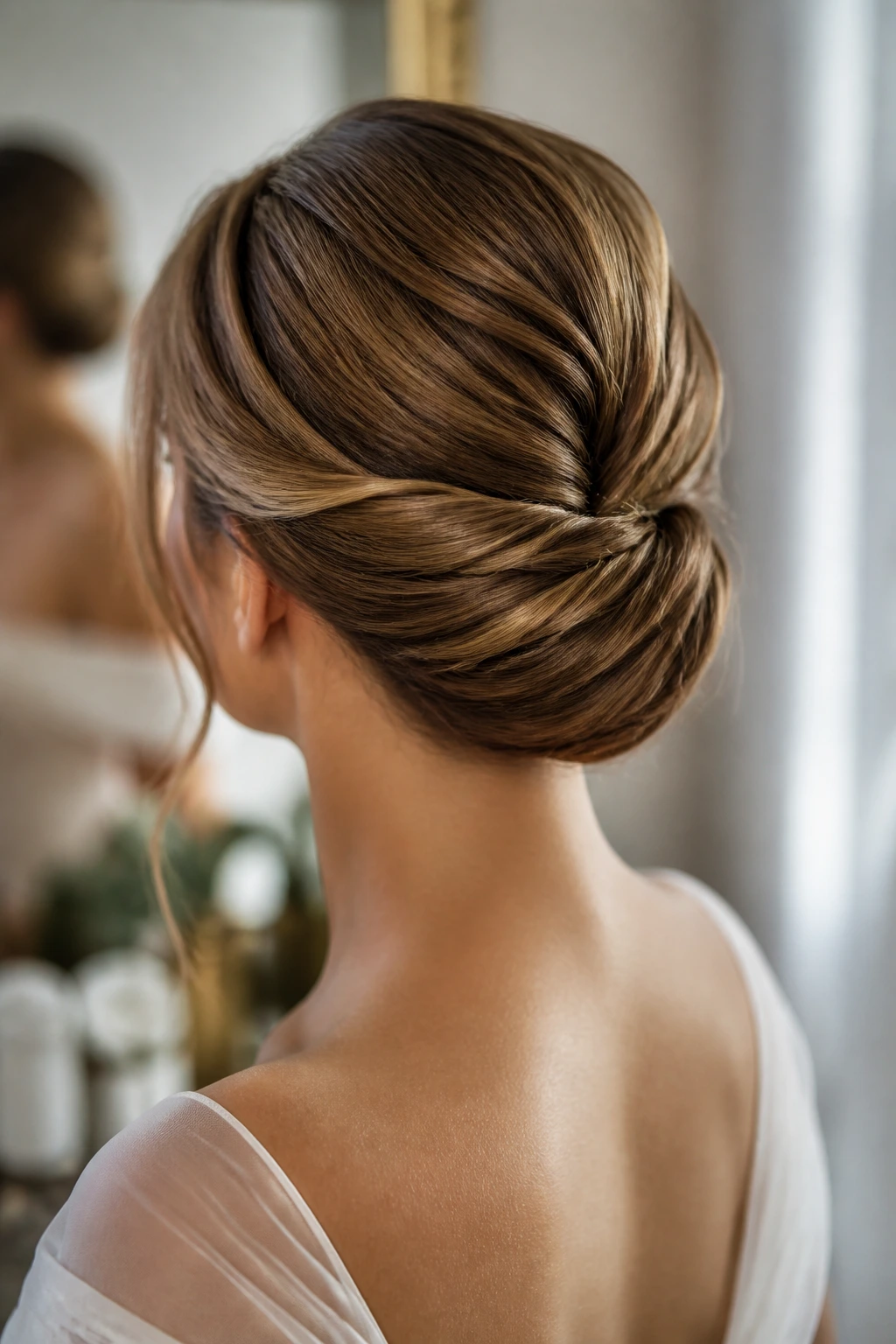 Back view of a woman showing the twisted Gibson tuck at the nape