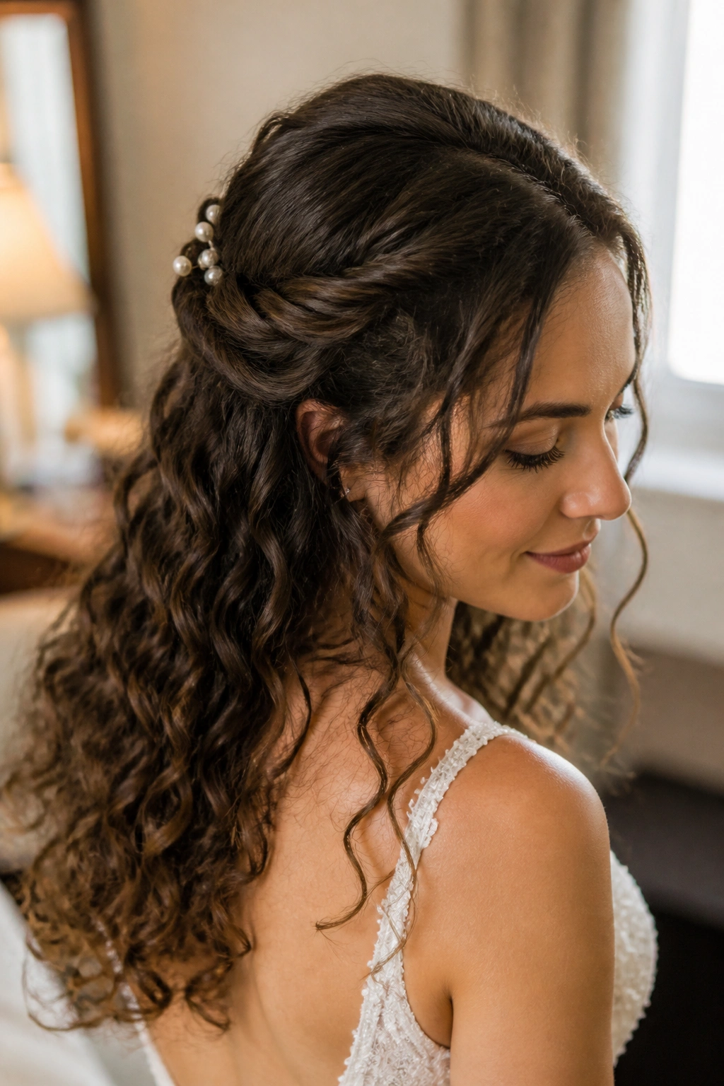 Close-up of a real bride's twisted half-up hairstyle with pearl pins in a softly lit bridal suite