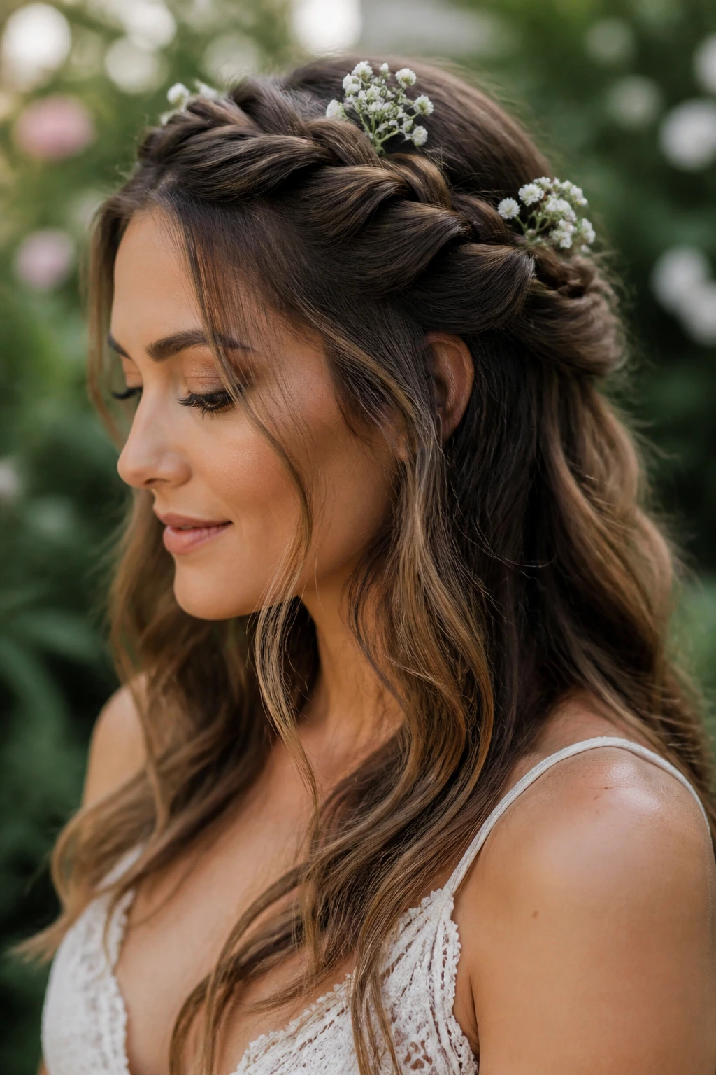 Close-up of Twisted Half-Crown with Baby's Breath on a real bride in a garden