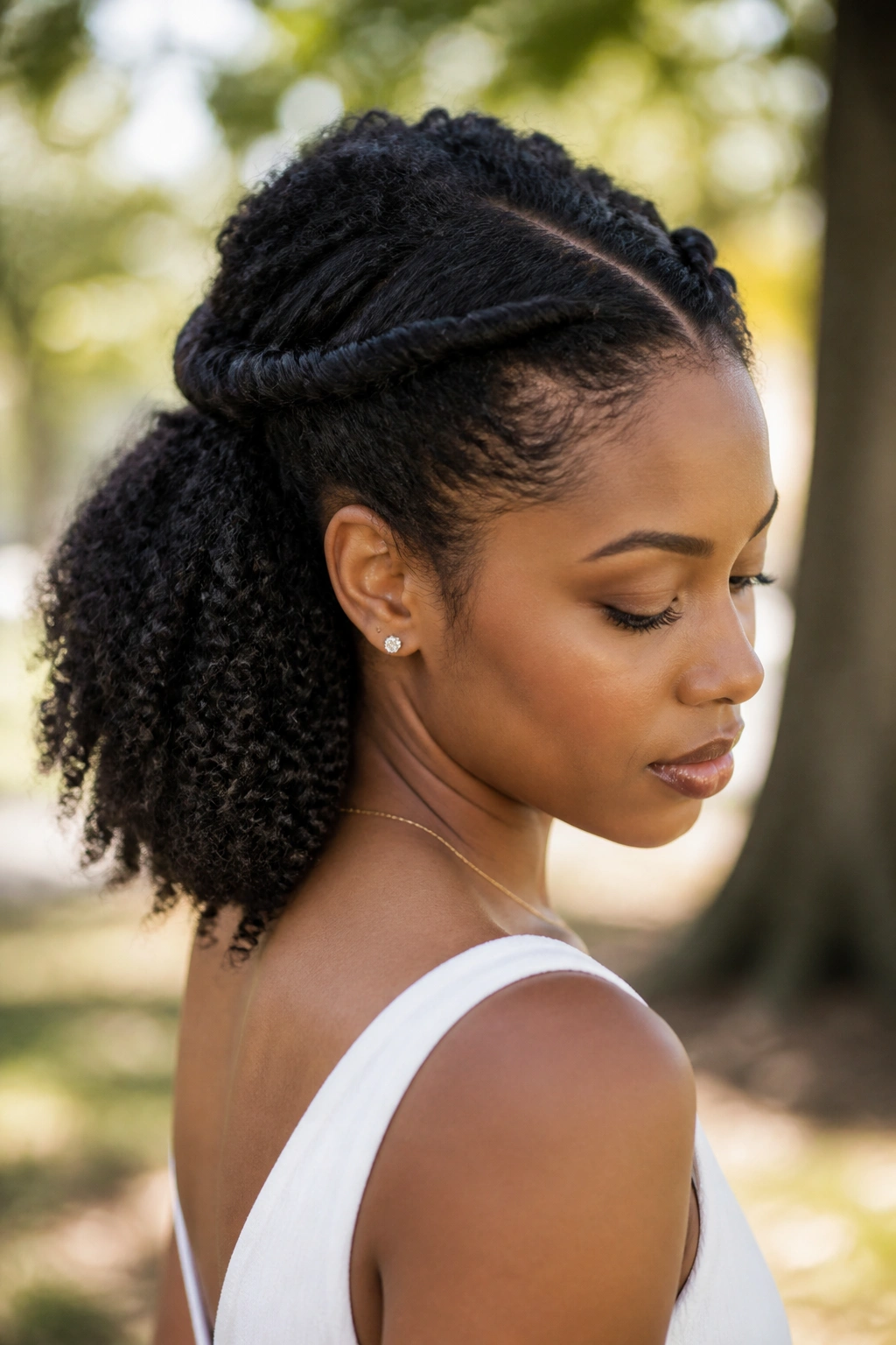 Close-up of a real woman with twisted half-up style on natural coils.