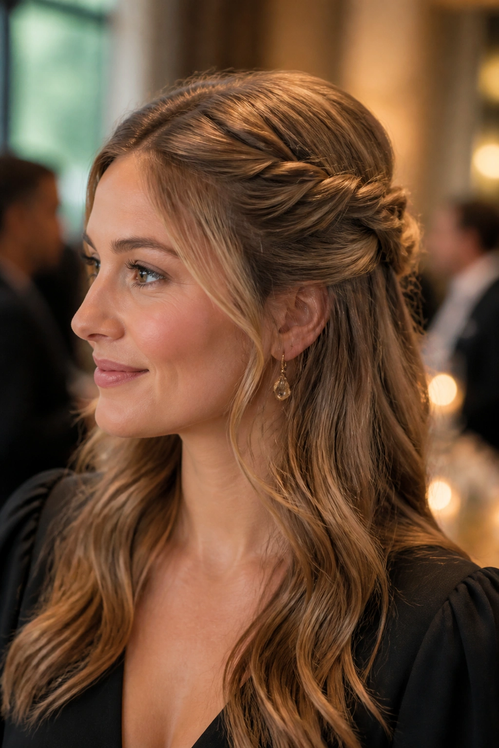 Close-up of a real woman with a twisted half-up crown in warm office lighting
