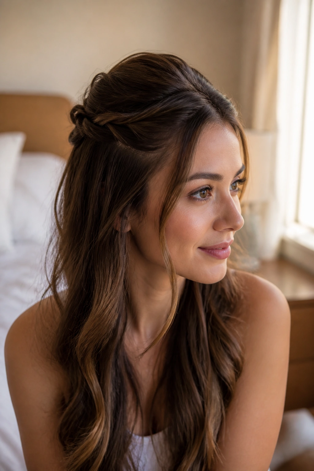 Real woman with twisted half-up hairstyle and crown volume