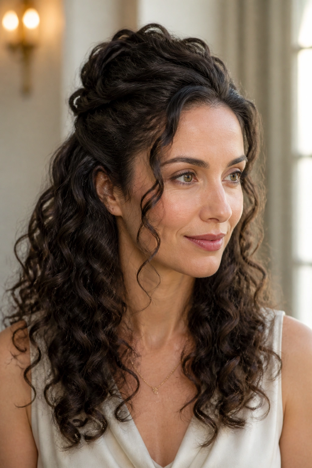 Real woman with twisted half-up curls and crown lift