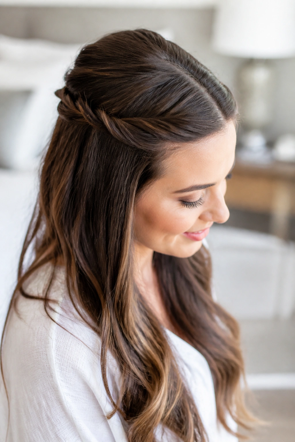 Close-up of a real woman with temple twists in a twisted half-up half-down style.