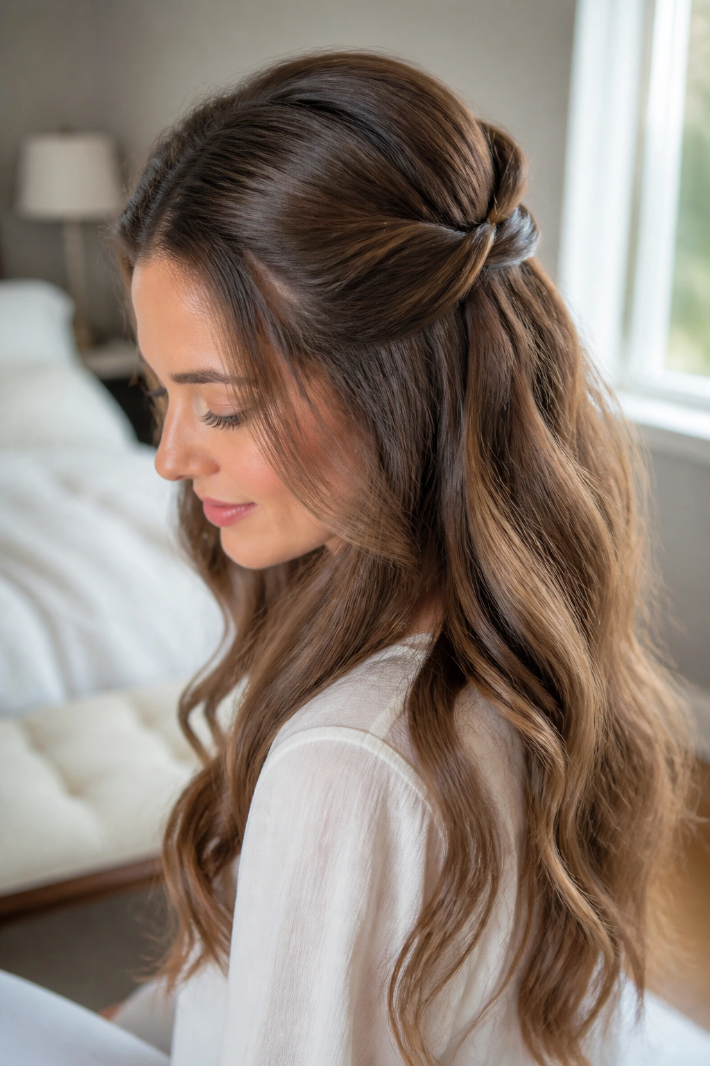 Portrait of a woman with a twisted half-up hairstyle