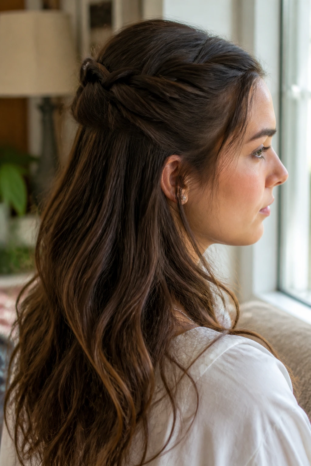 Close-up of twisted half-up half-down hairstyle