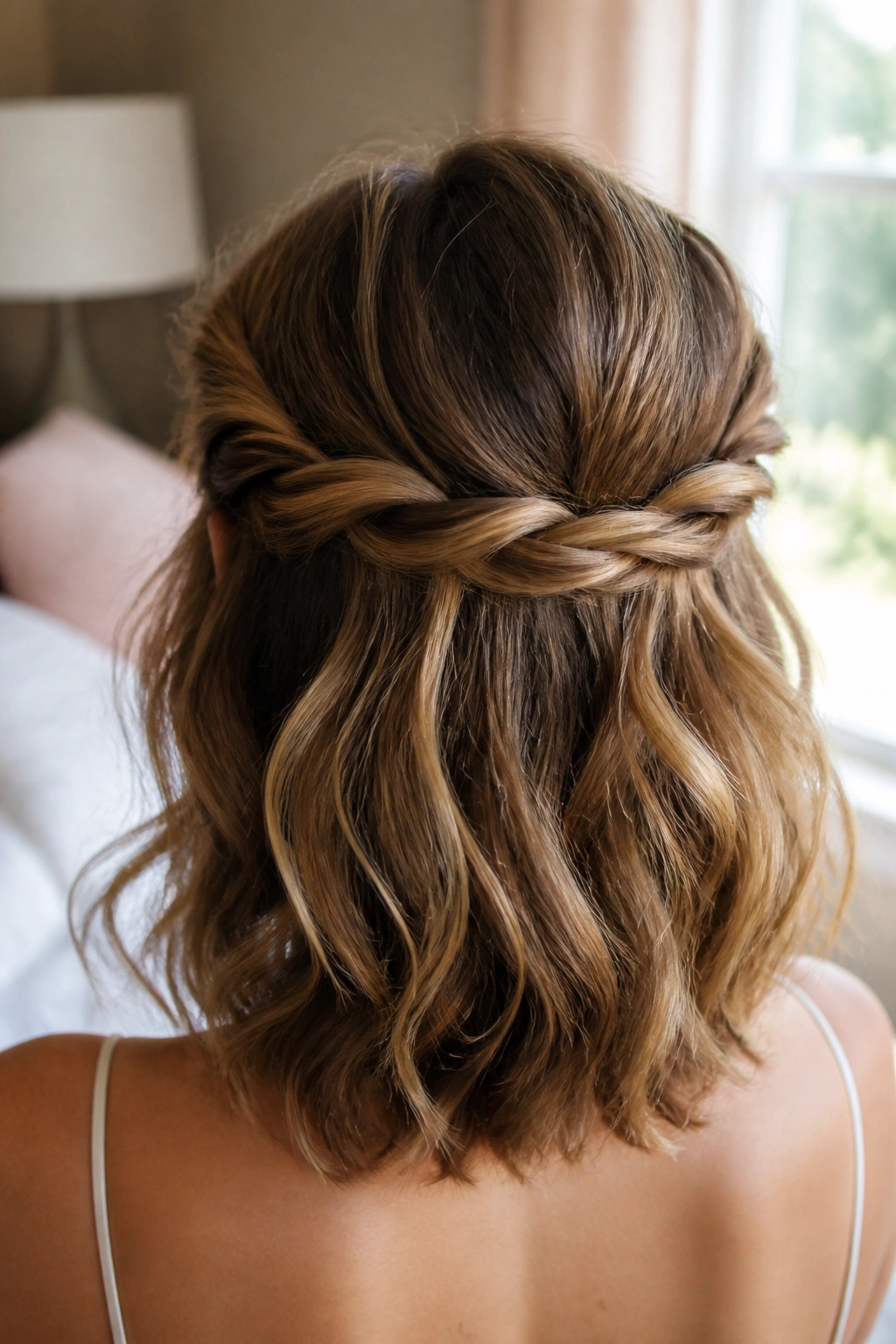 Close-up of a woman with a twisted half-up halo hairstyle