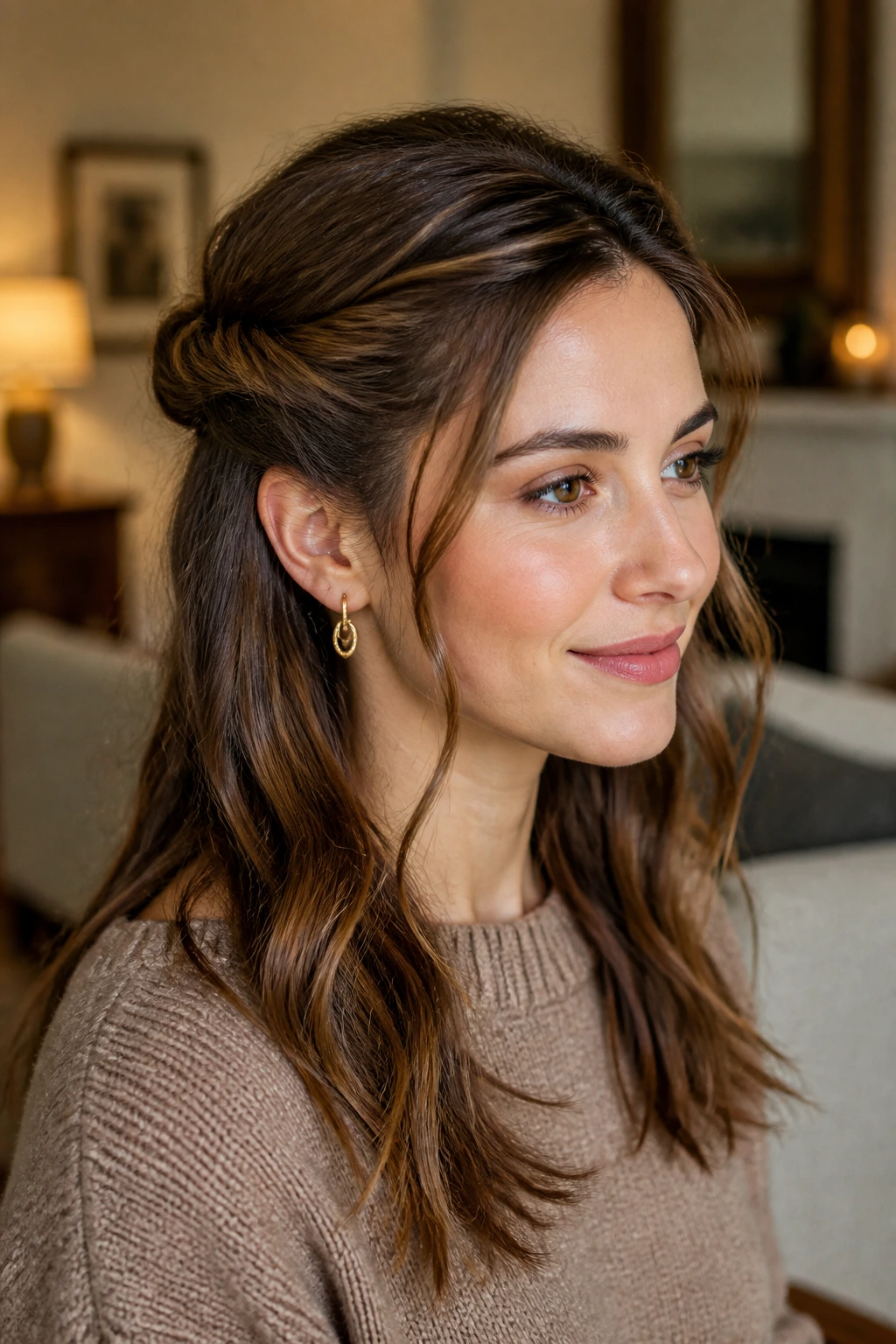 Close-up of a real woman with twisted half-up hairstyle forming a soft halo