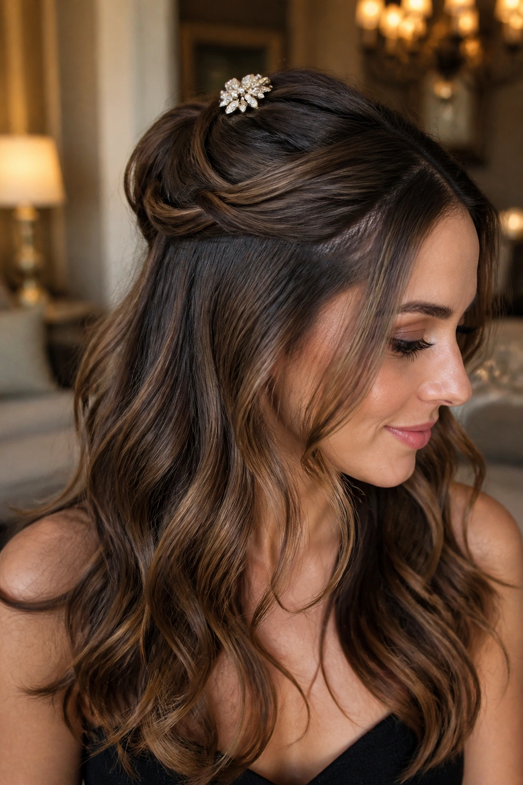 Real woman with twisted half-up hairstyle secured by jewel clip in warm living room