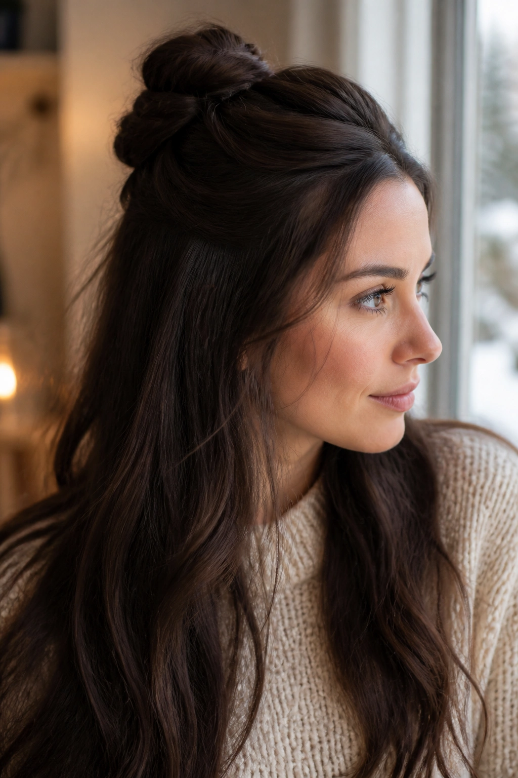 Brunette with twisted half-up knot in warm window-lit room