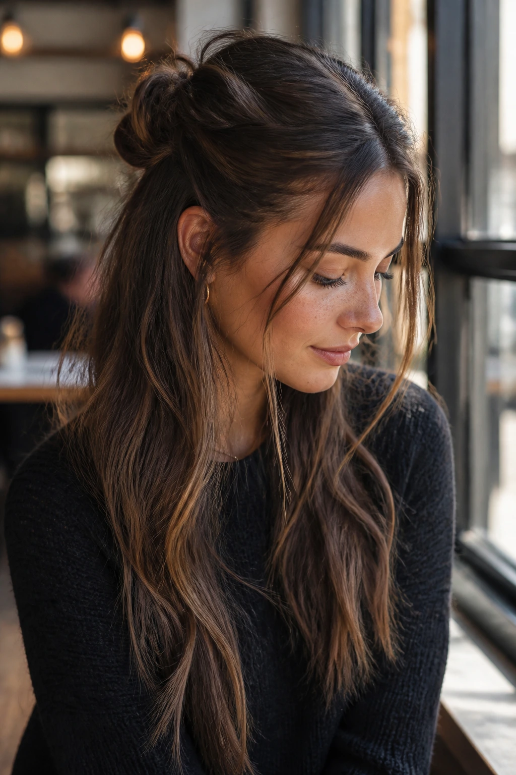 Close-up of a real woman with a twisted half-up knot at the crown