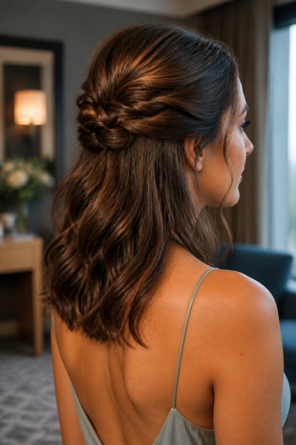 Three-quarter view of a woman with a twisted half-up knot