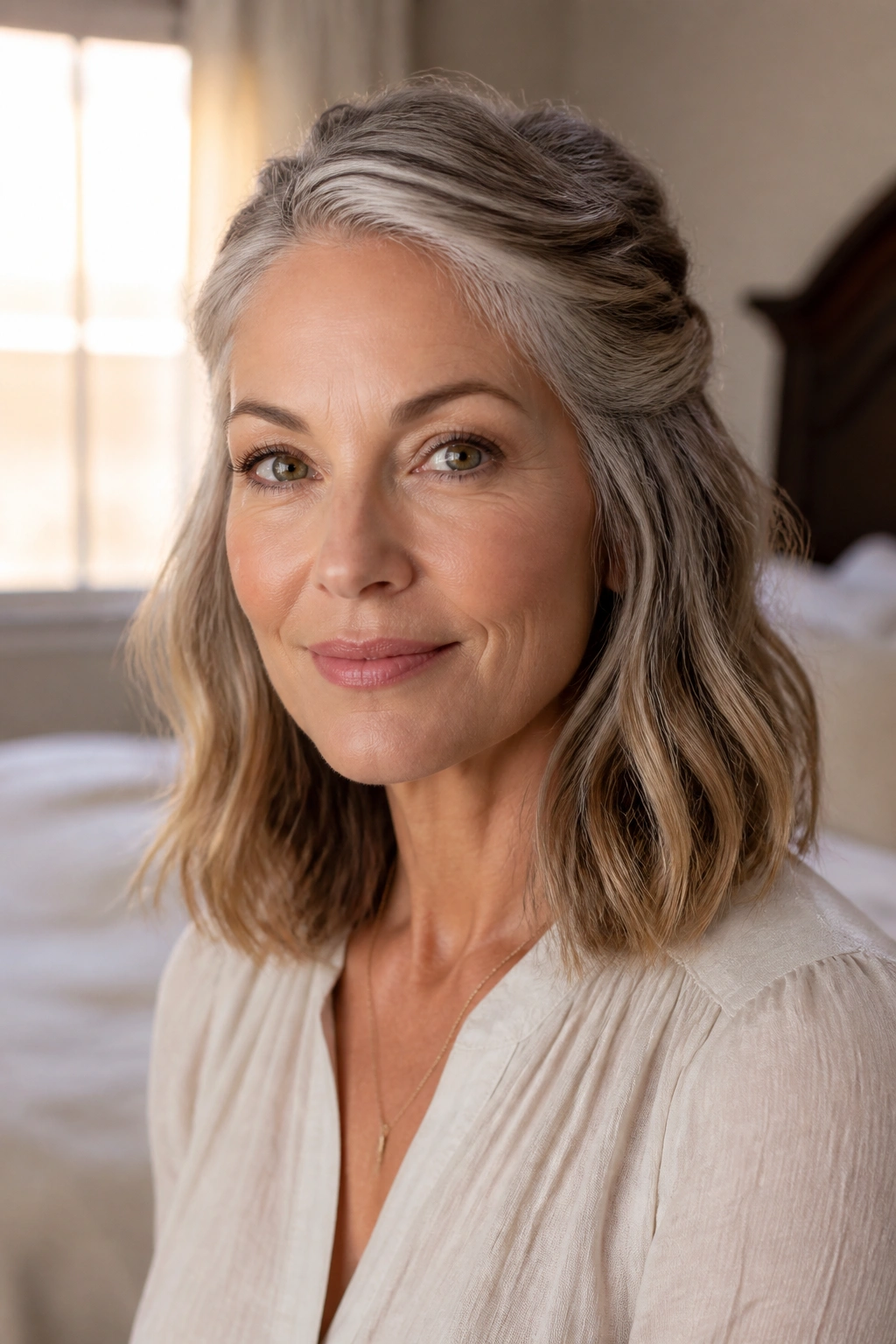 Close-up of a real woman with Twisted Half-Up Lob hairstyle, front twists pinned back with loose ends.