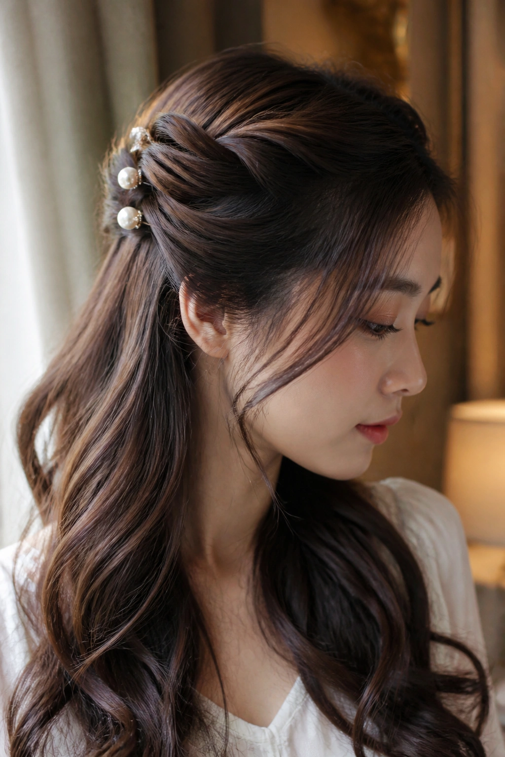 Close-up of a woman with twisted half-up hairstyle pinned with pearl pins.