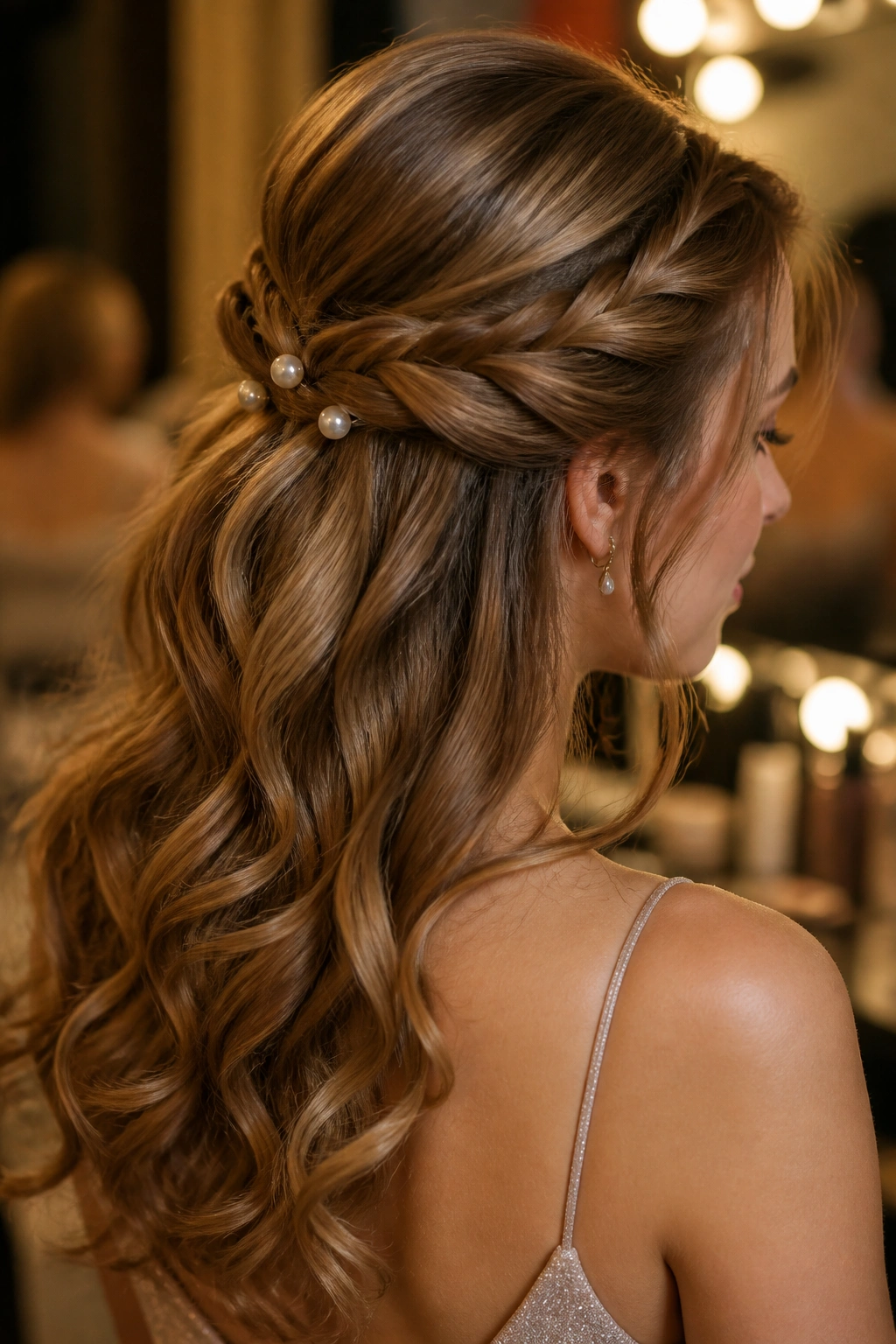 Portrait of a real woman with twisted half-up and pearl pins