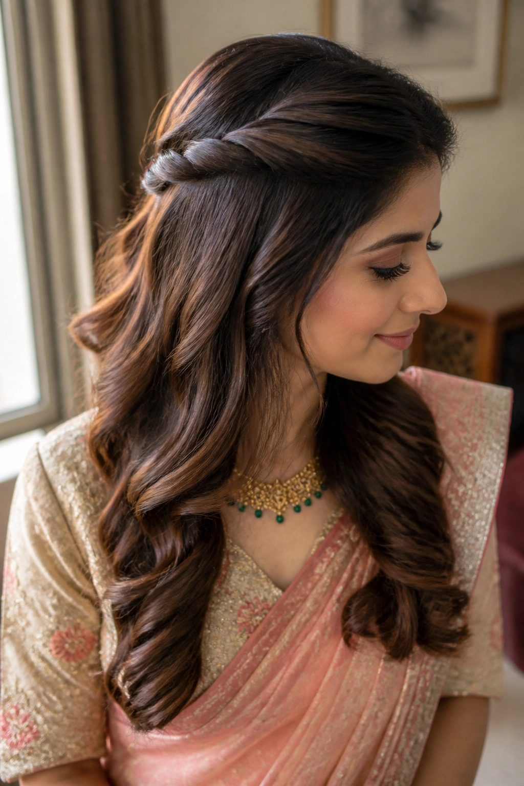Real woman with twisted half-up half-down hairstyle and saree