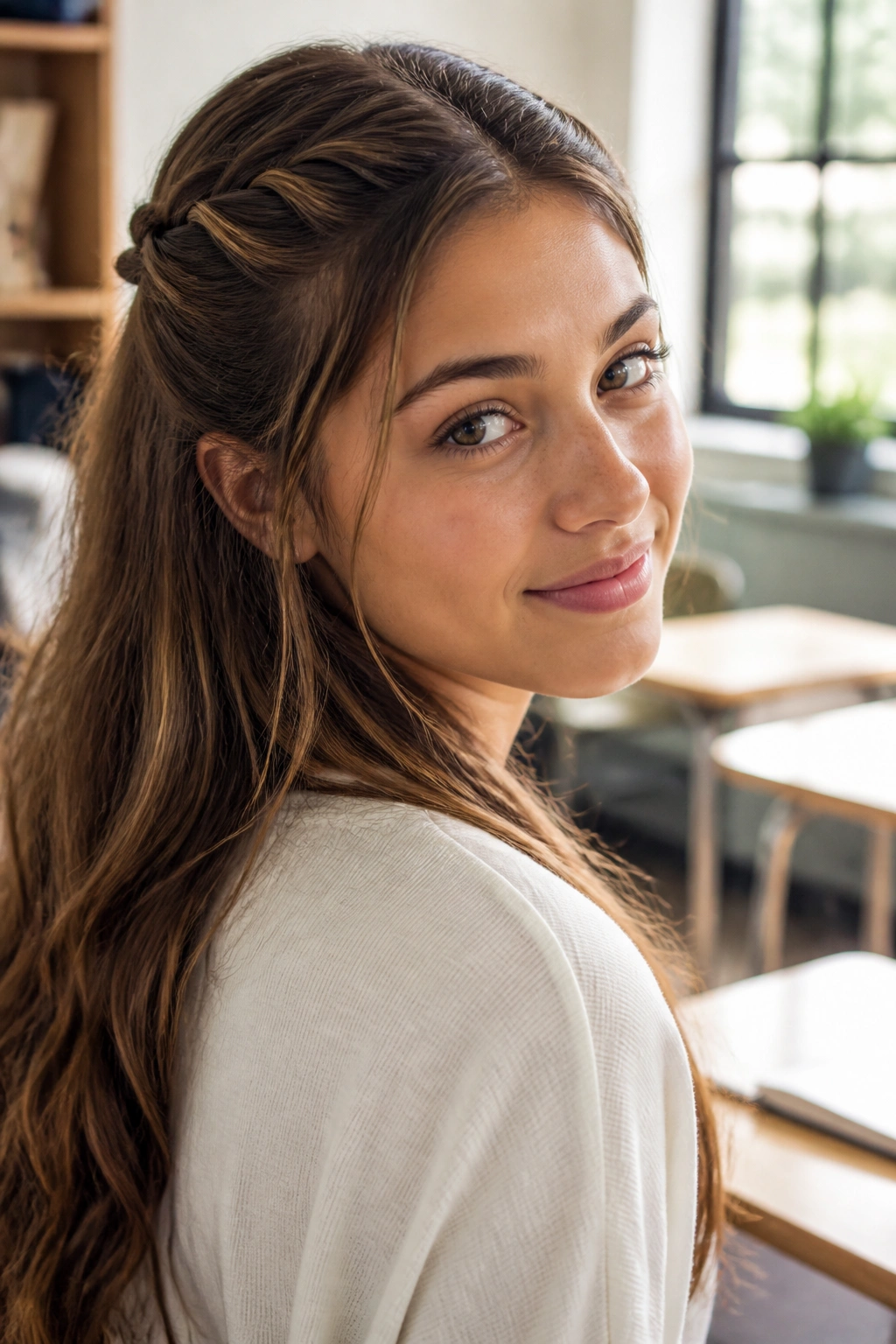 Real person wearing a twisted half-up style in a bright classroom setting.