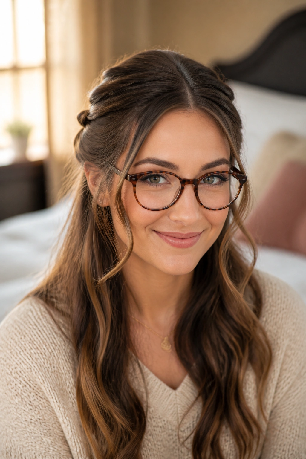 Close-up portrait of a real woman with twisted half-up tendrils and glasses