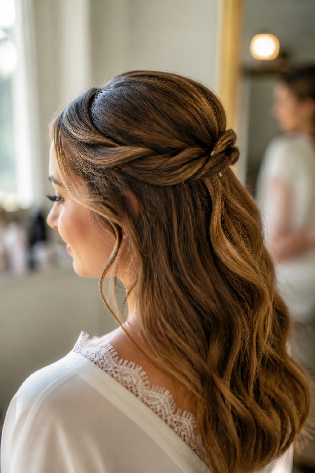 Close-up of a real woman wearing Twisted Half-Up, Half-Down Updo with front twists and soft waves