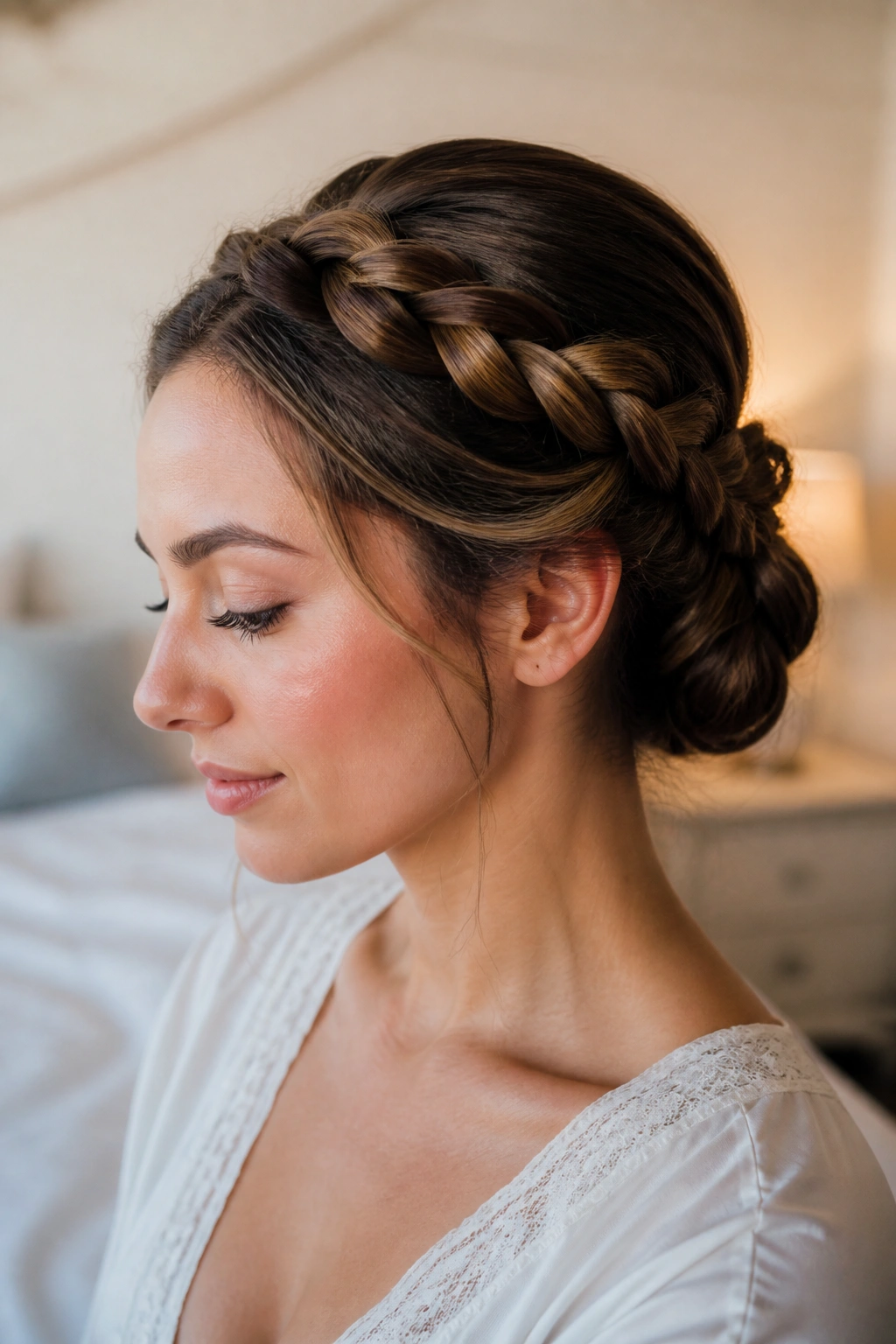 Close-up of a real woman wearing a twisted halo bun.