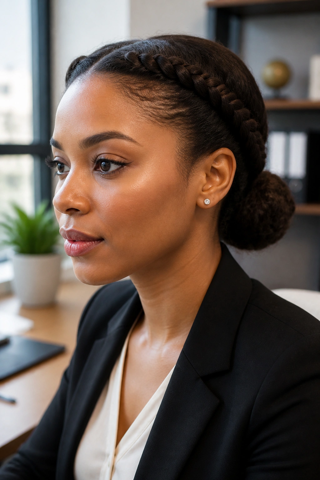 Close-up of Twisted Halo Bun on a real woman with temple twists and a low nape bun