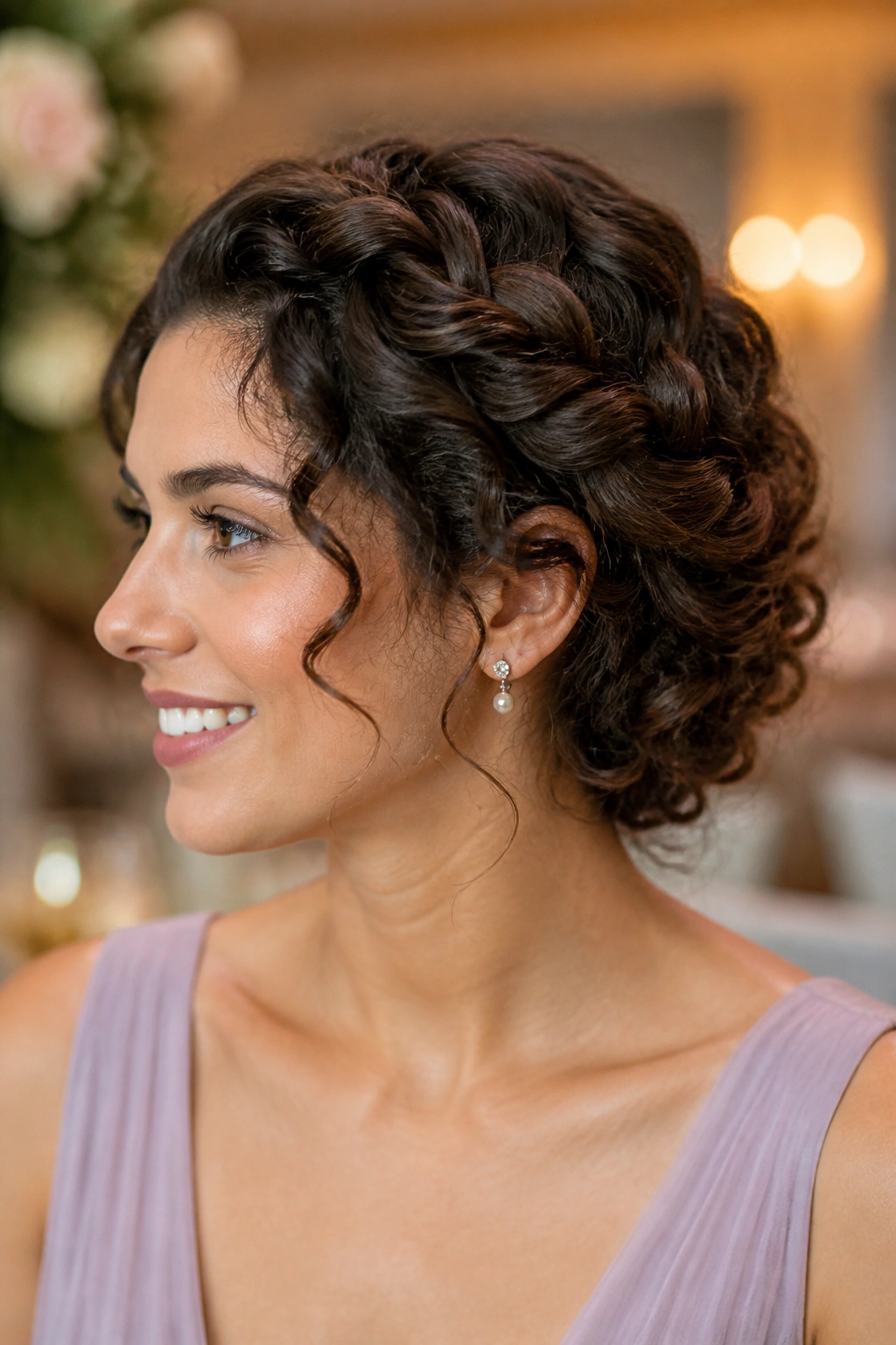 Close-up of a real woman's twisted halo hairstyle with floating ends against a wedding backdrop