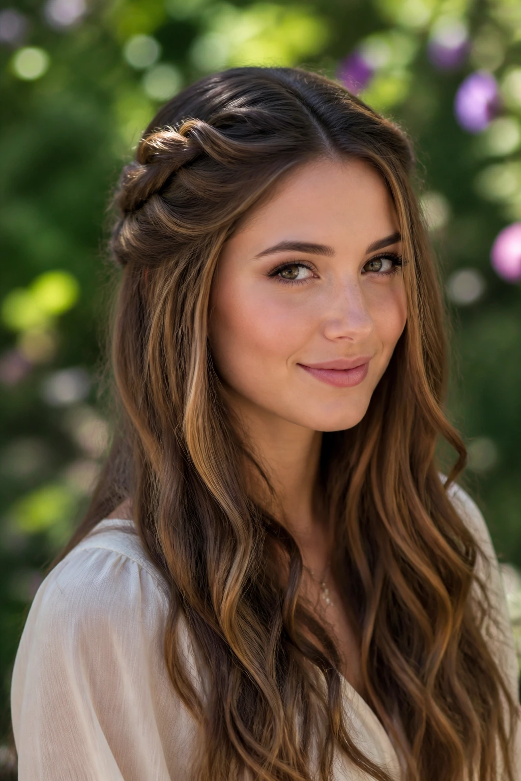 Real woman with twisted halo half-up hairstyle framing the face