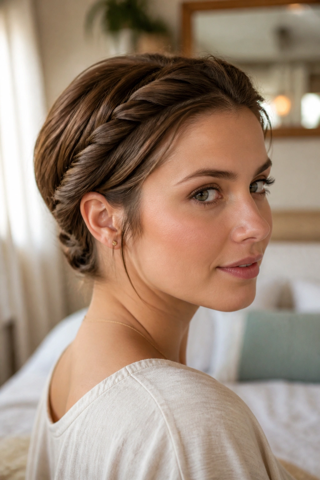 Close-up portrait of a real woman with short hair styled into a twisted halo and nape knot
