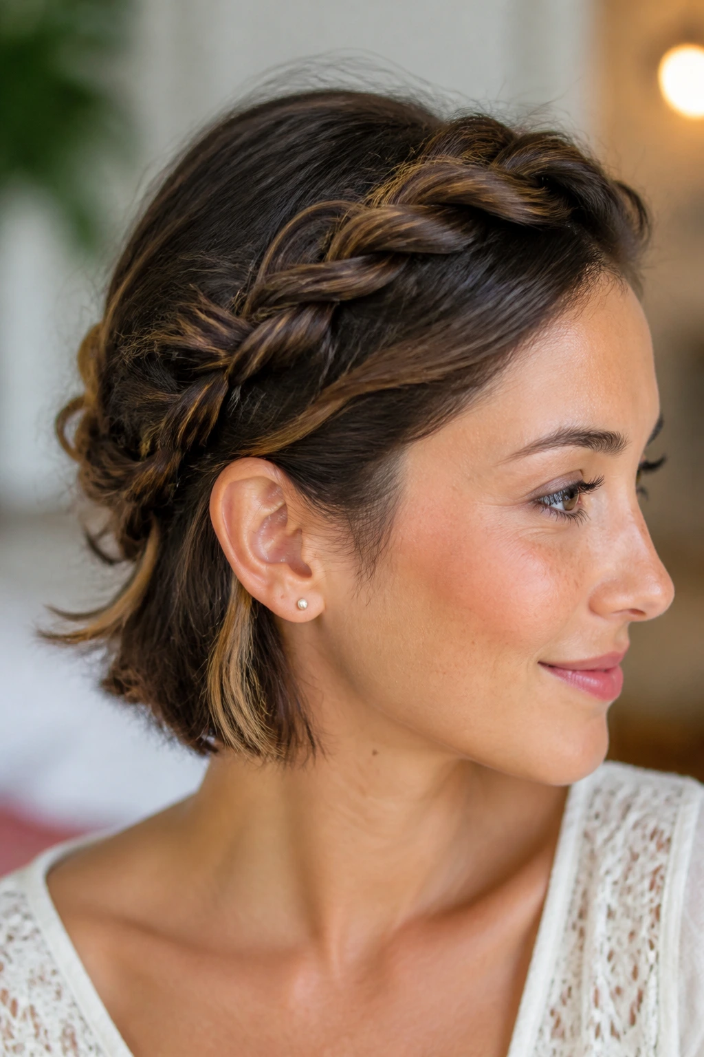 Close-up profile of a real woman with Twisted Halo for Shorter Hair, halo twists around a bob