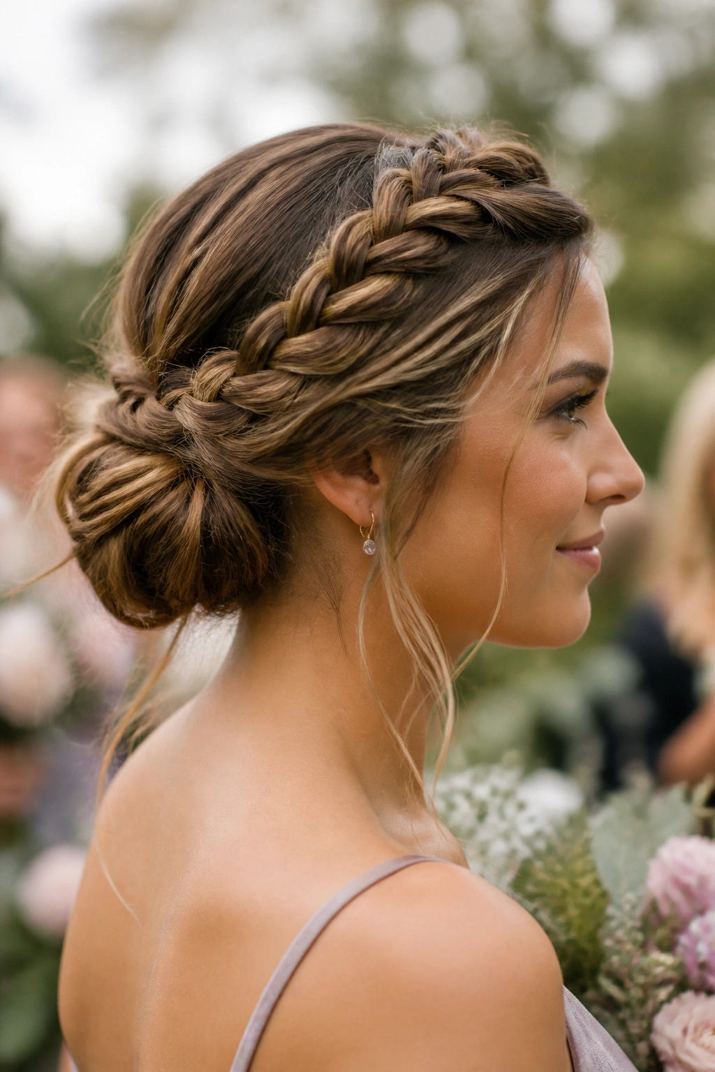 Close-up of real bridesmaid with twisted halo updo