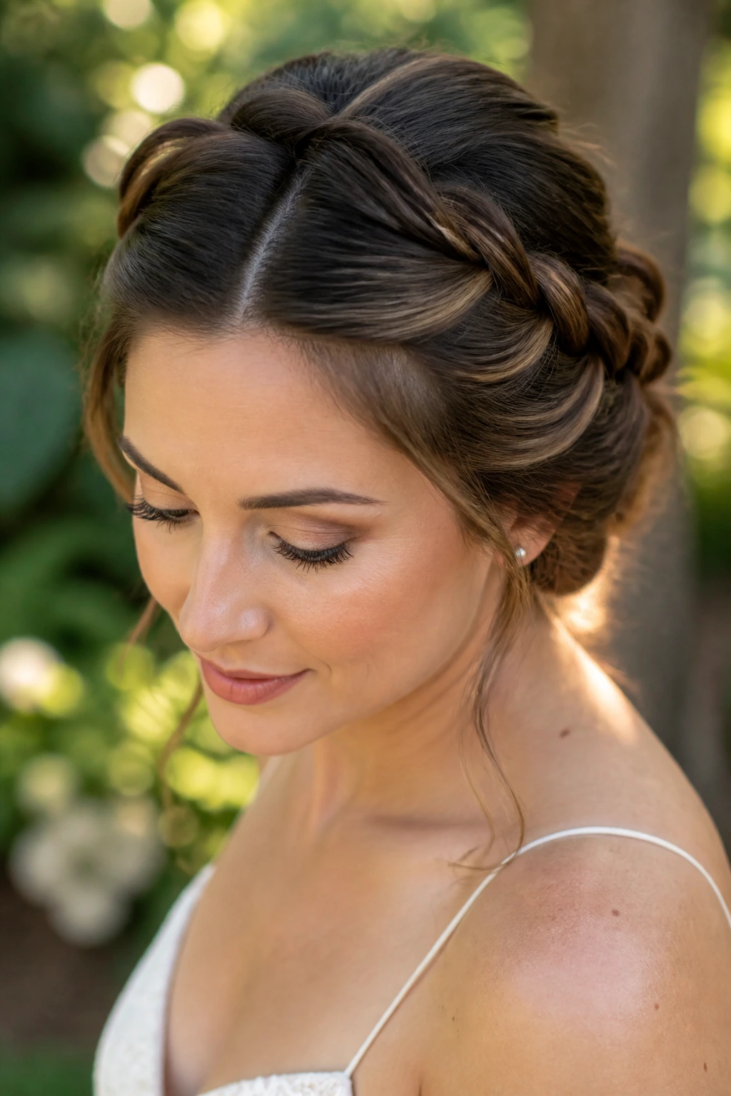 Close-up portrait of a real woman with a halo-like twisted updo