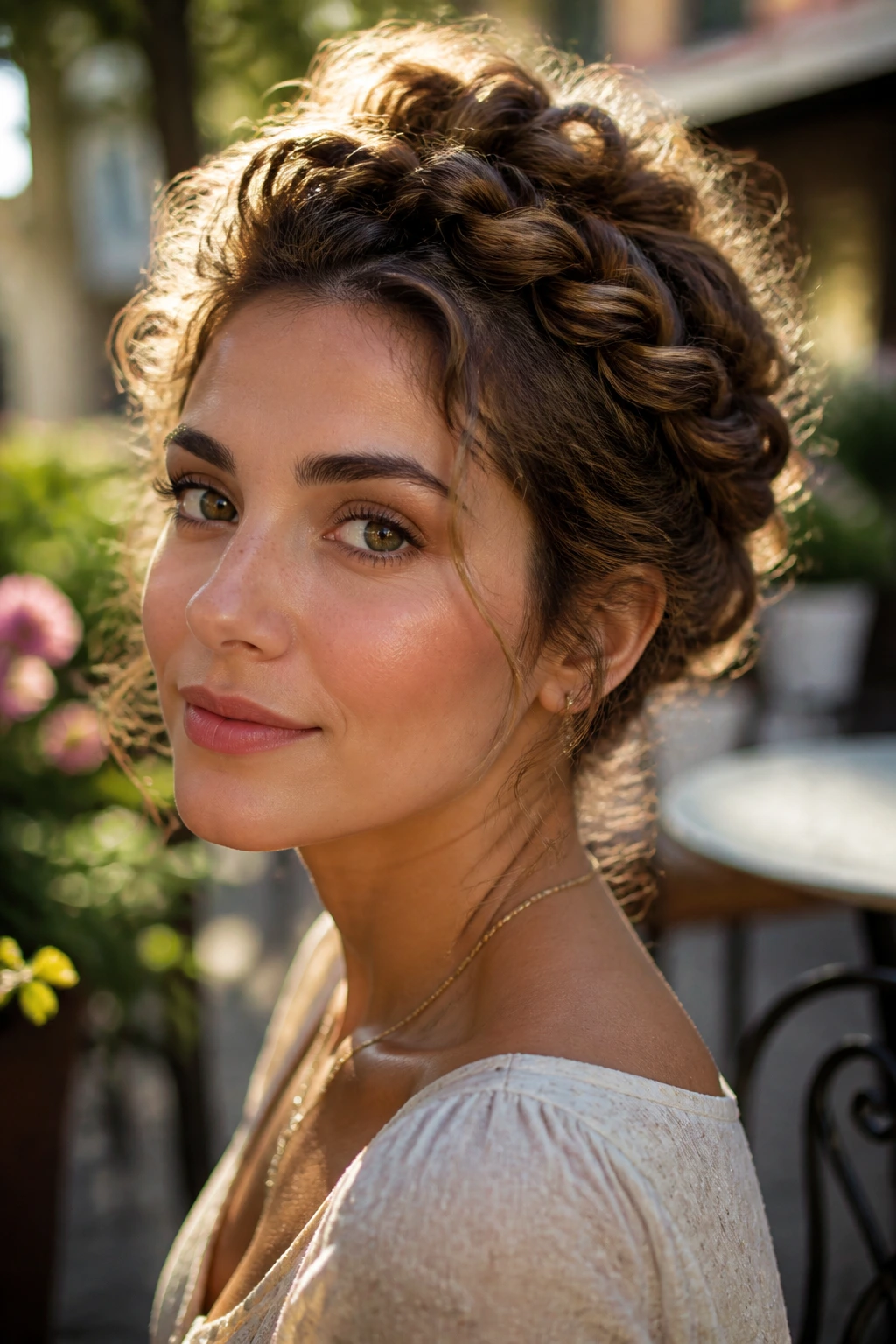 Close-up portrait of a real woman with twisted halo updo and loose curls near the ears