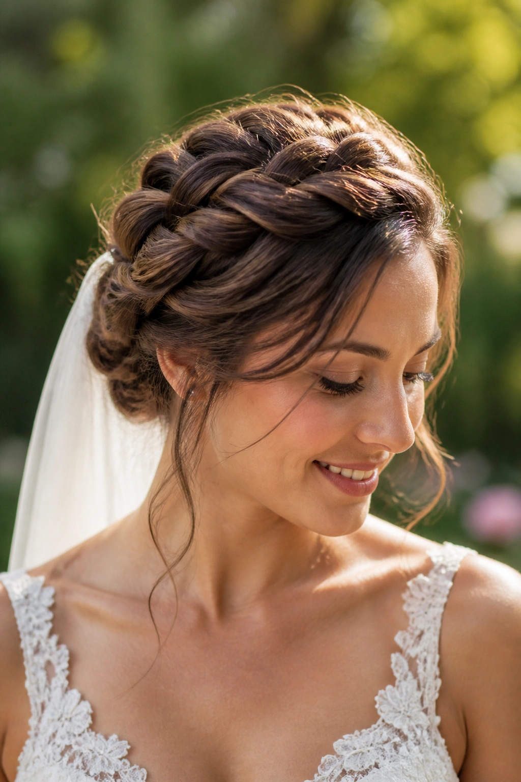 Close-up of a bride wearing a twisted halo updo in an outdoor garden setting