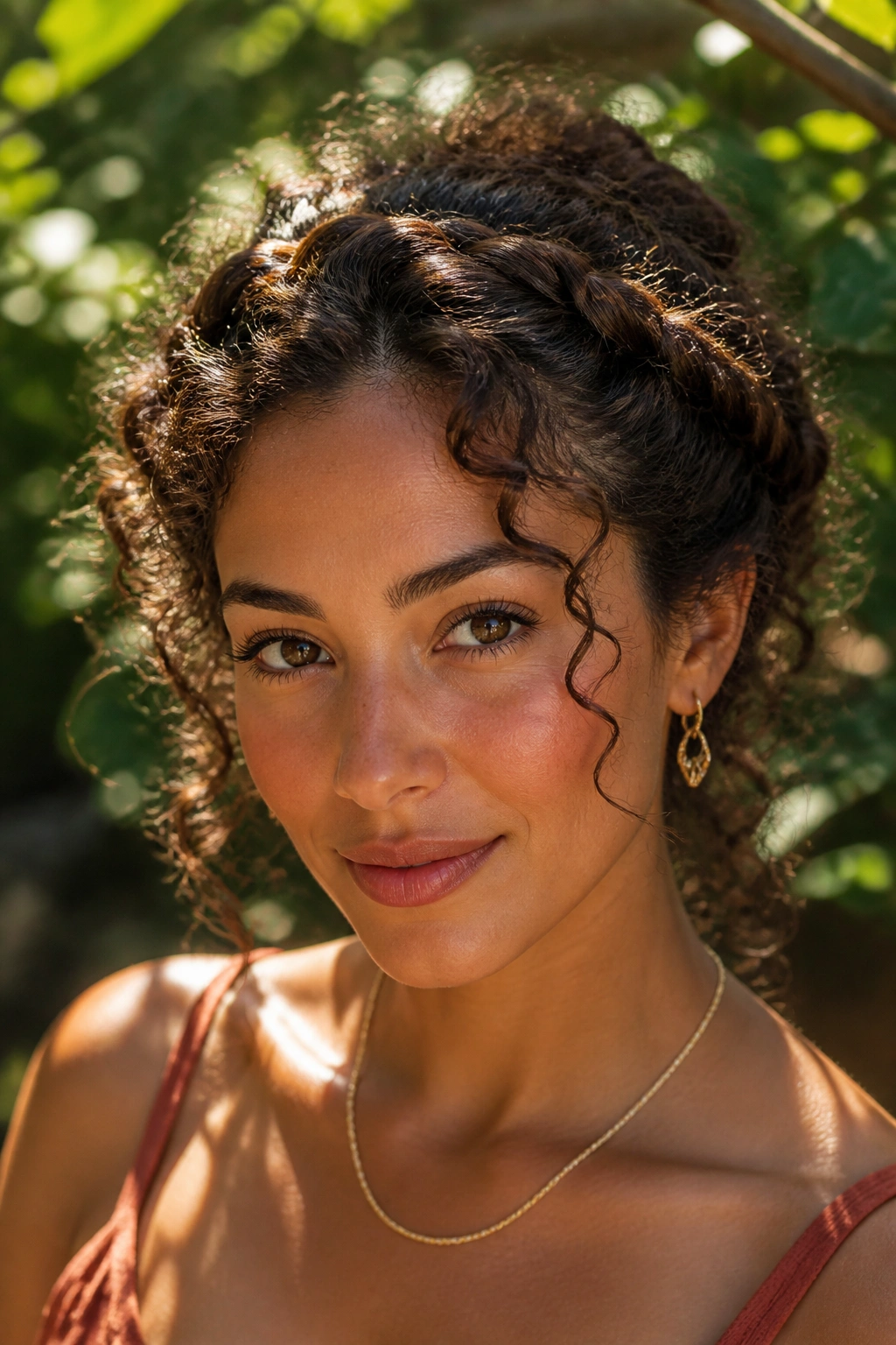 Close-up of a real woman with a twisted halo updo and curls