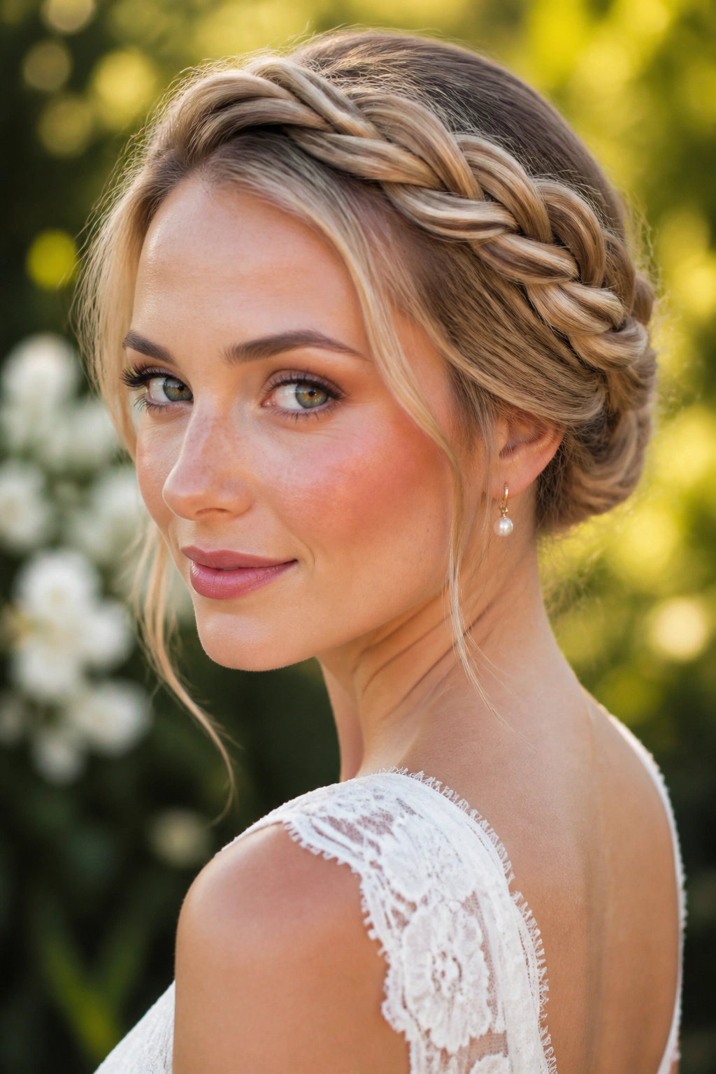 Close-up portrait of a real woman's Twisted Halo Updo outdoors in a garden at golden hour