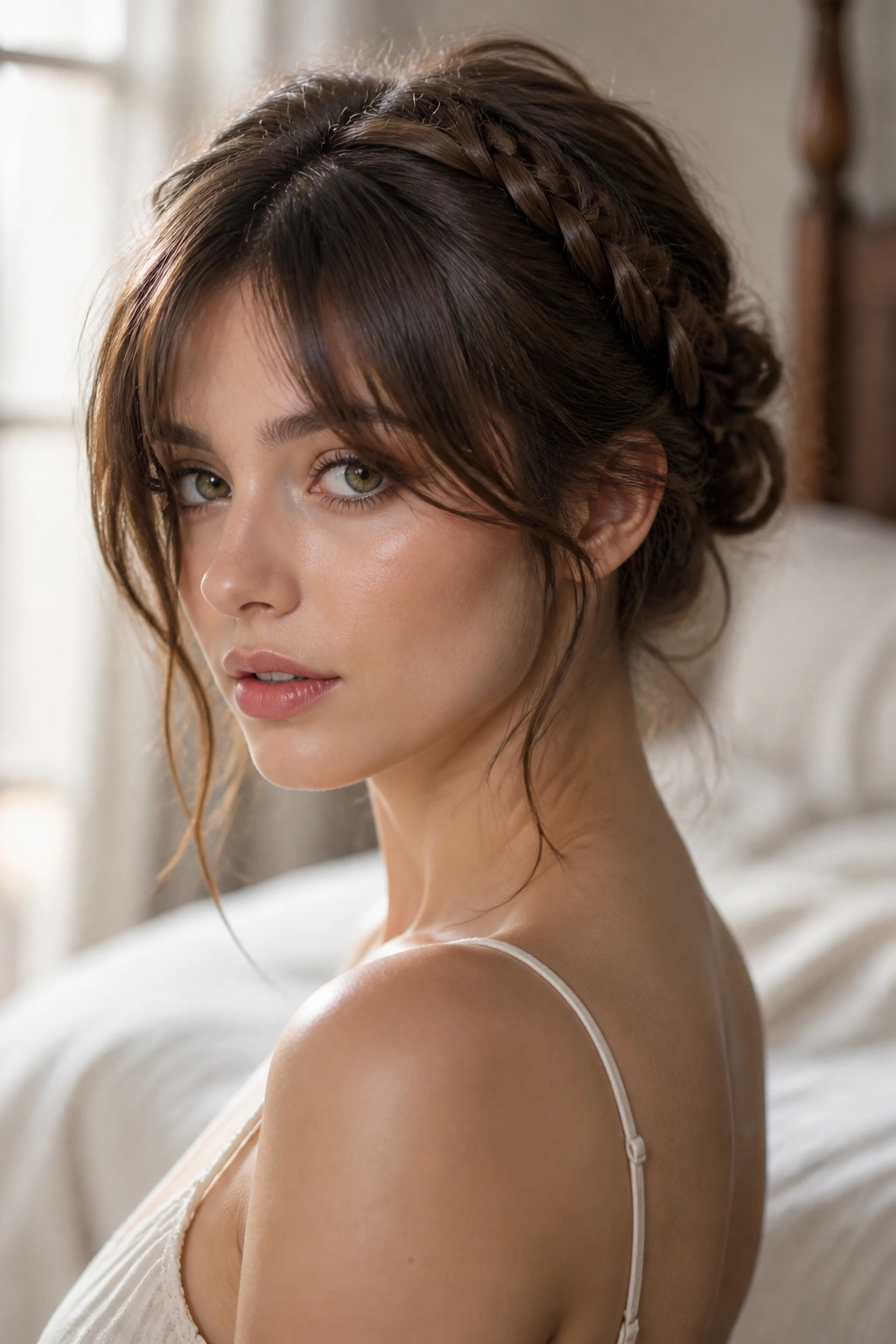 Close-up of a real woman with a twisted halo updo and long bangs in warm window light.