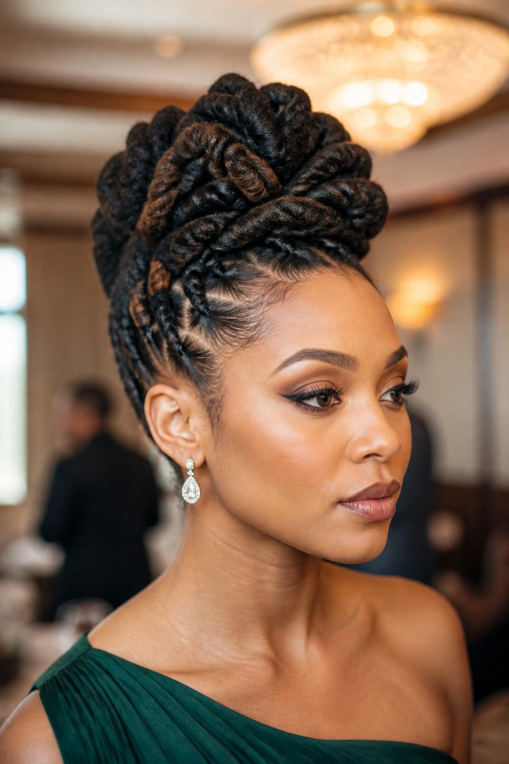 Close-up portrait of a real woman with a twisted faux hawk crown in a formal hotel prep area