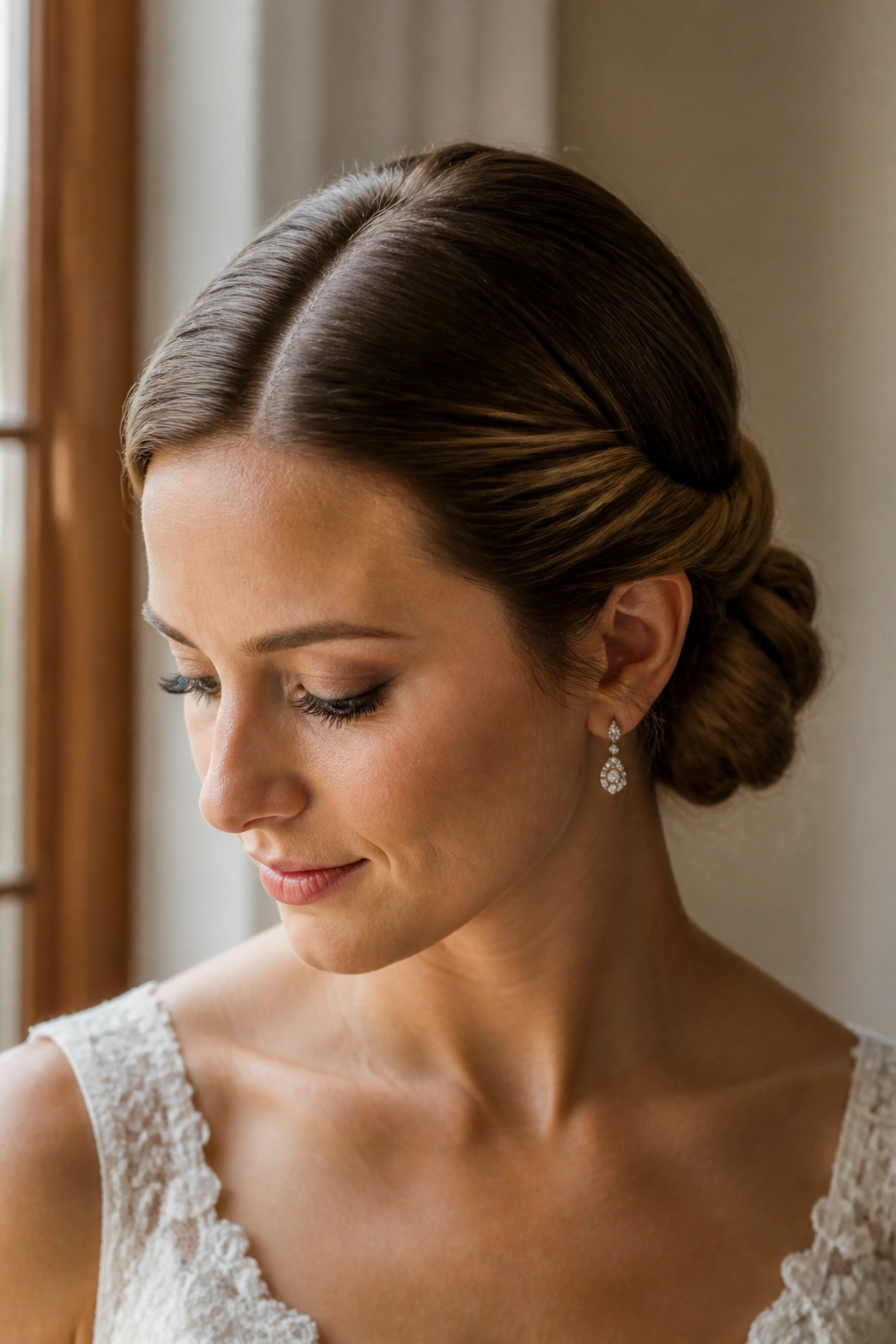 Bride with center-parted twisted low bun under warm window light