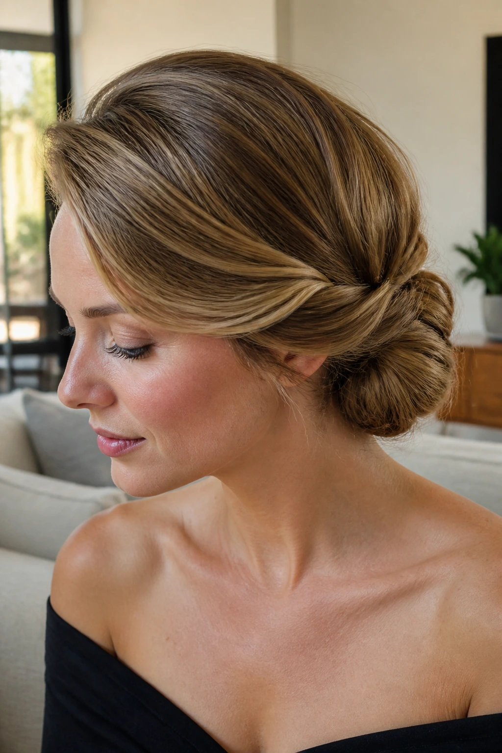 Portrait of a real woman with a deep side part and twisted low bun
