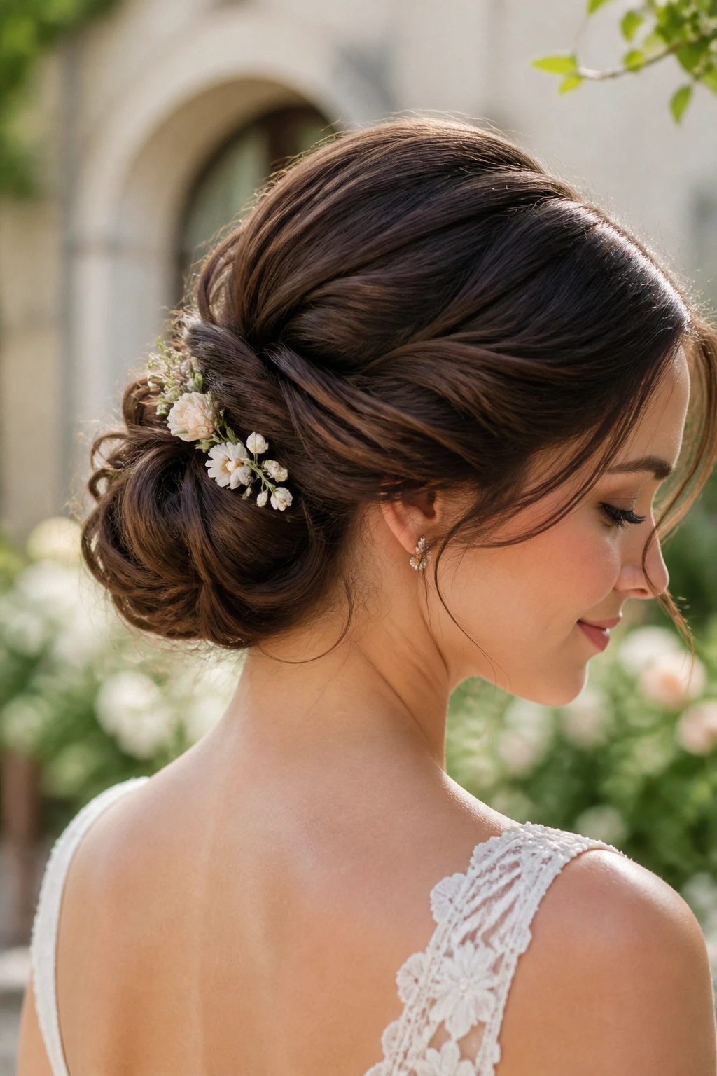 Bride with a twisted low bun and floral pins