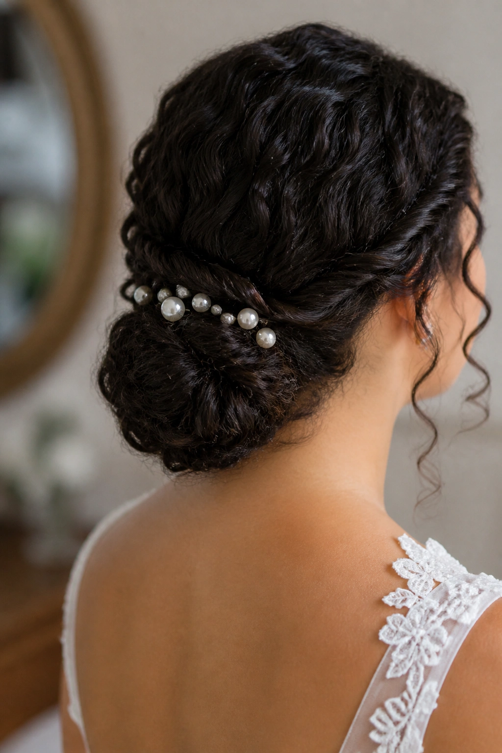 Real bride with twisted low bun and pearl pins