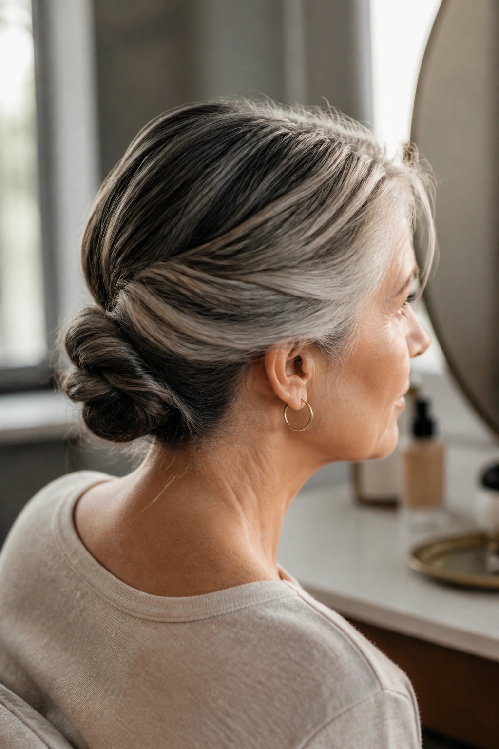 Real woman with a twisted low bun at the nape in soft light