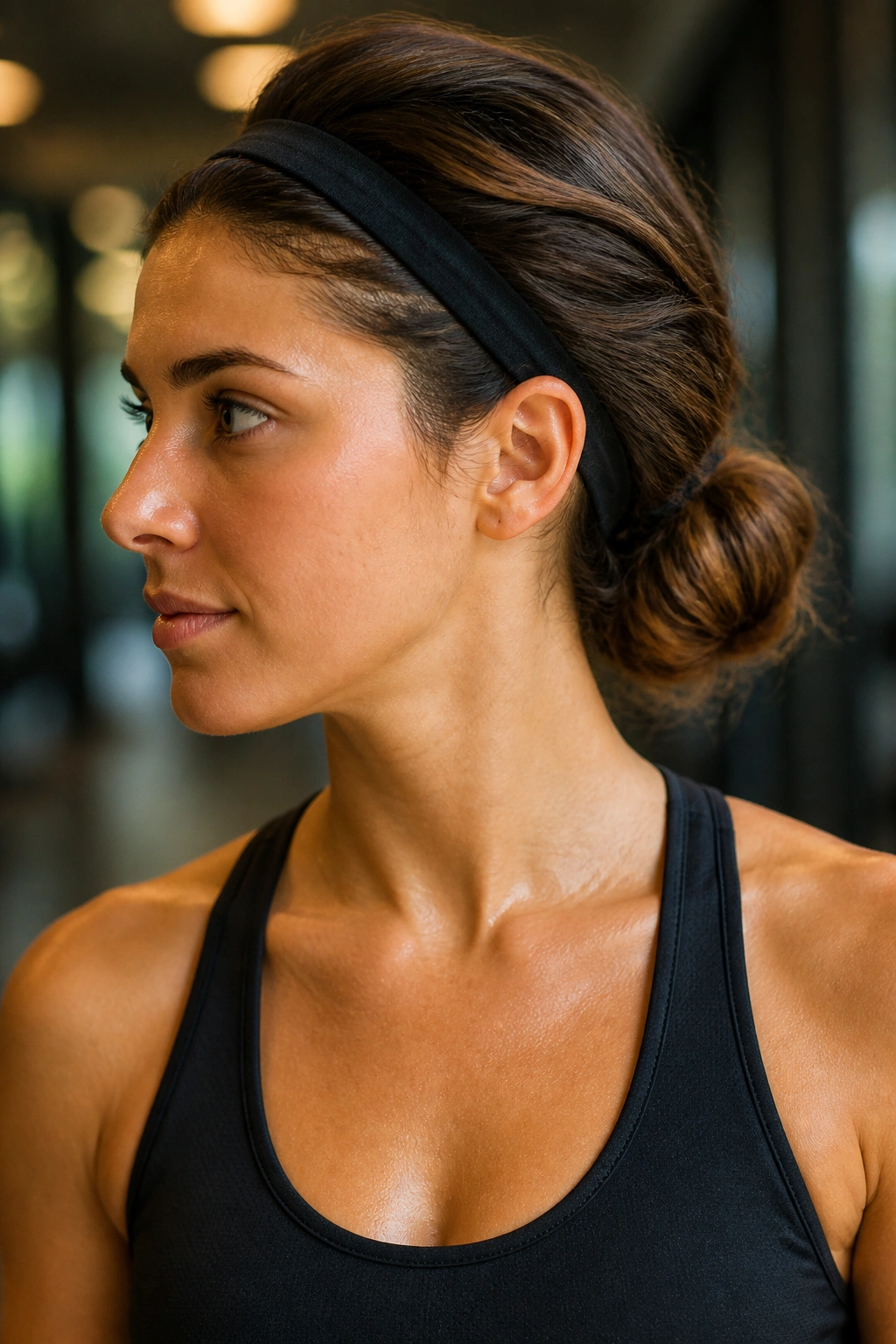 Close-up portrait of a real person with twisted low bun for shorter layers in a gym