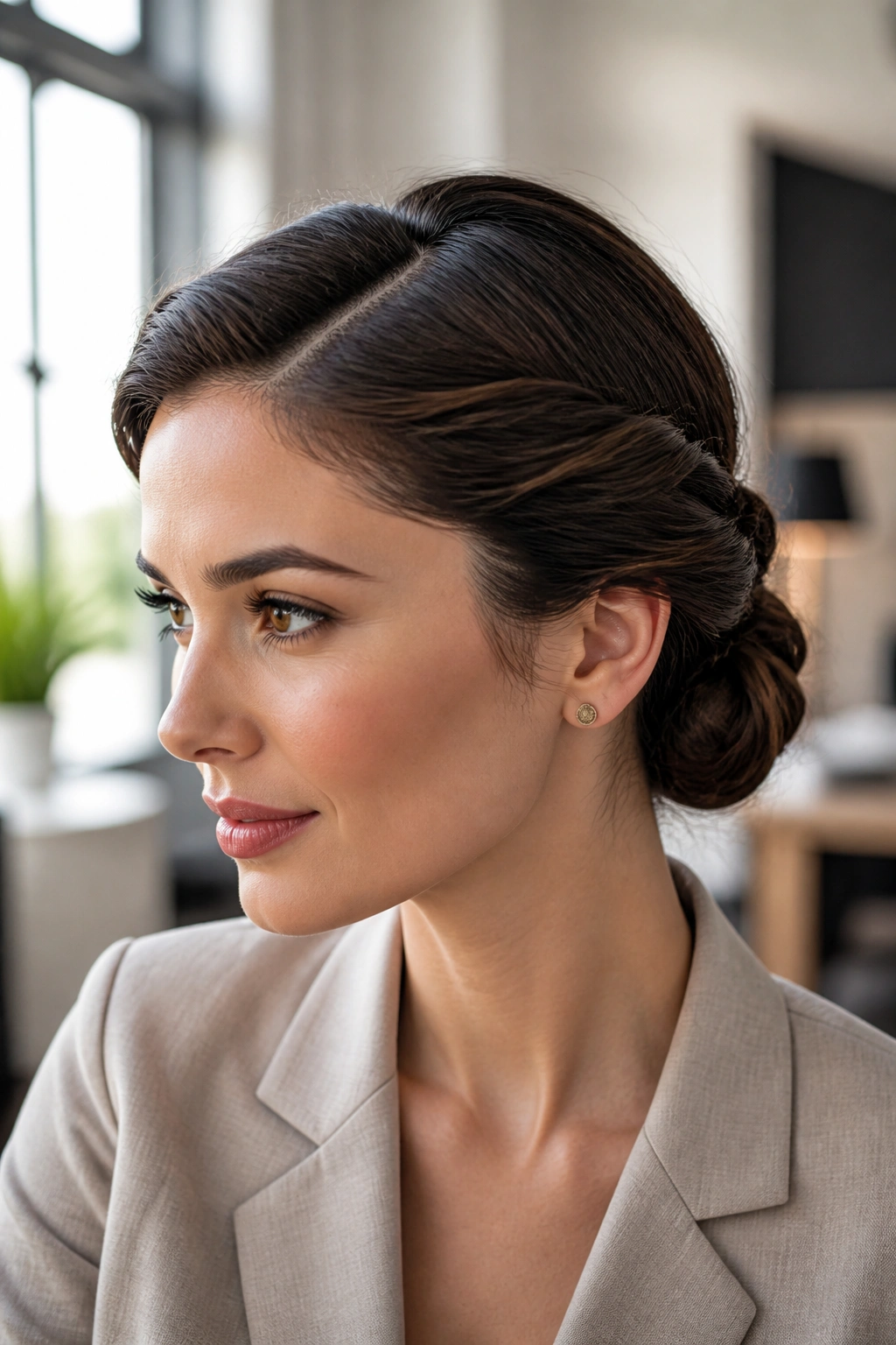 Close-up of a real woman with a twisted low bun and a deep side part.