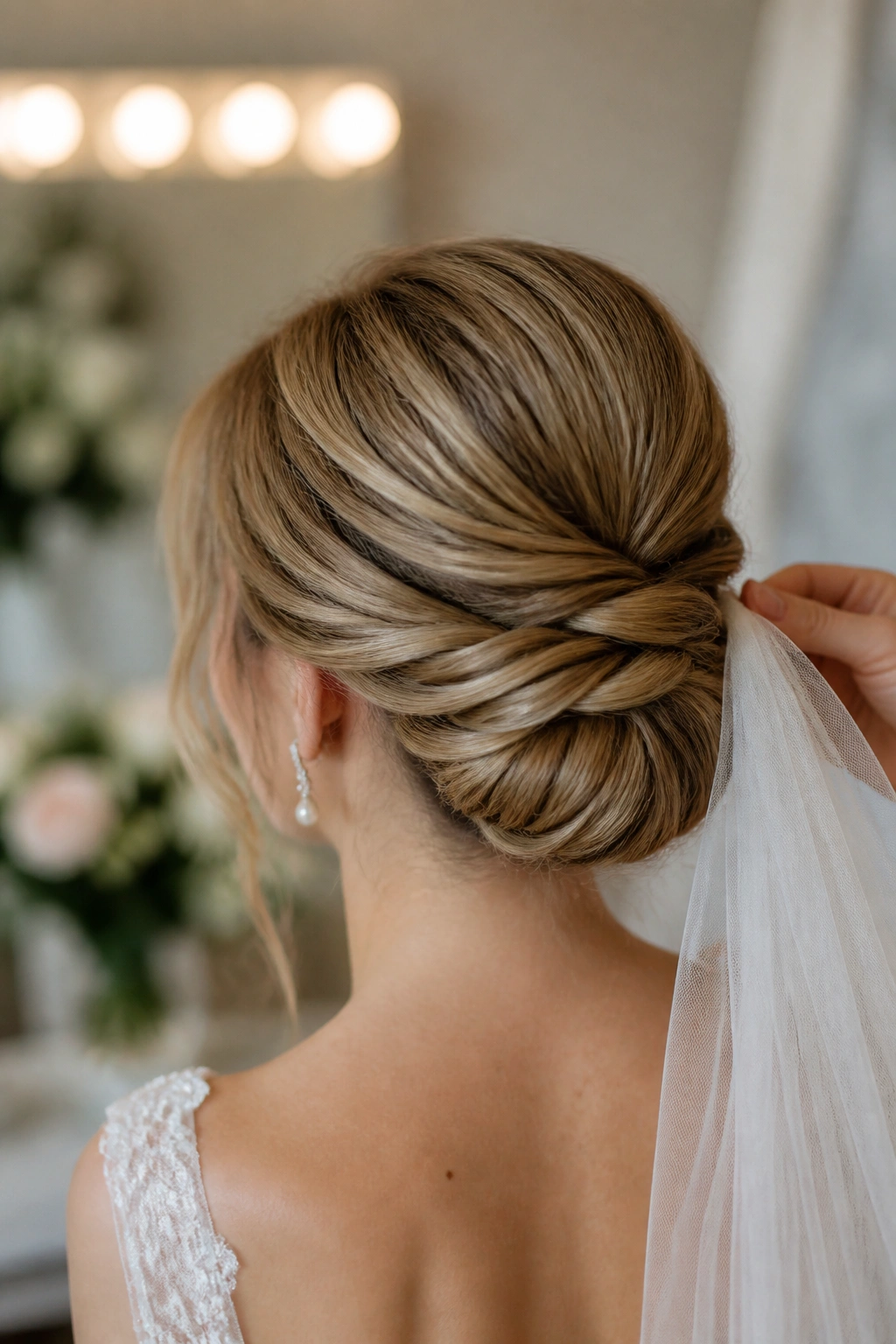 Close-up of twisted low bun at the nape